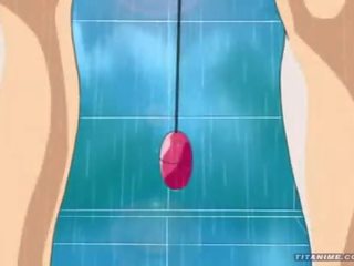 Beautiful little Anime cat girl with swell titties plays with a vibrator in the shower and sucks Big cock